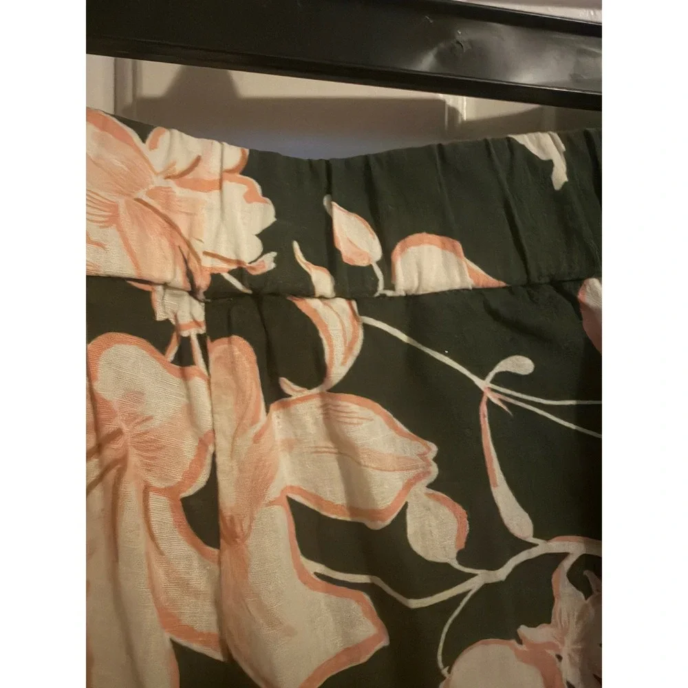 Mango MNG Floral Linen Blend Tapered Pants Green Peach XL High Waist Trousers